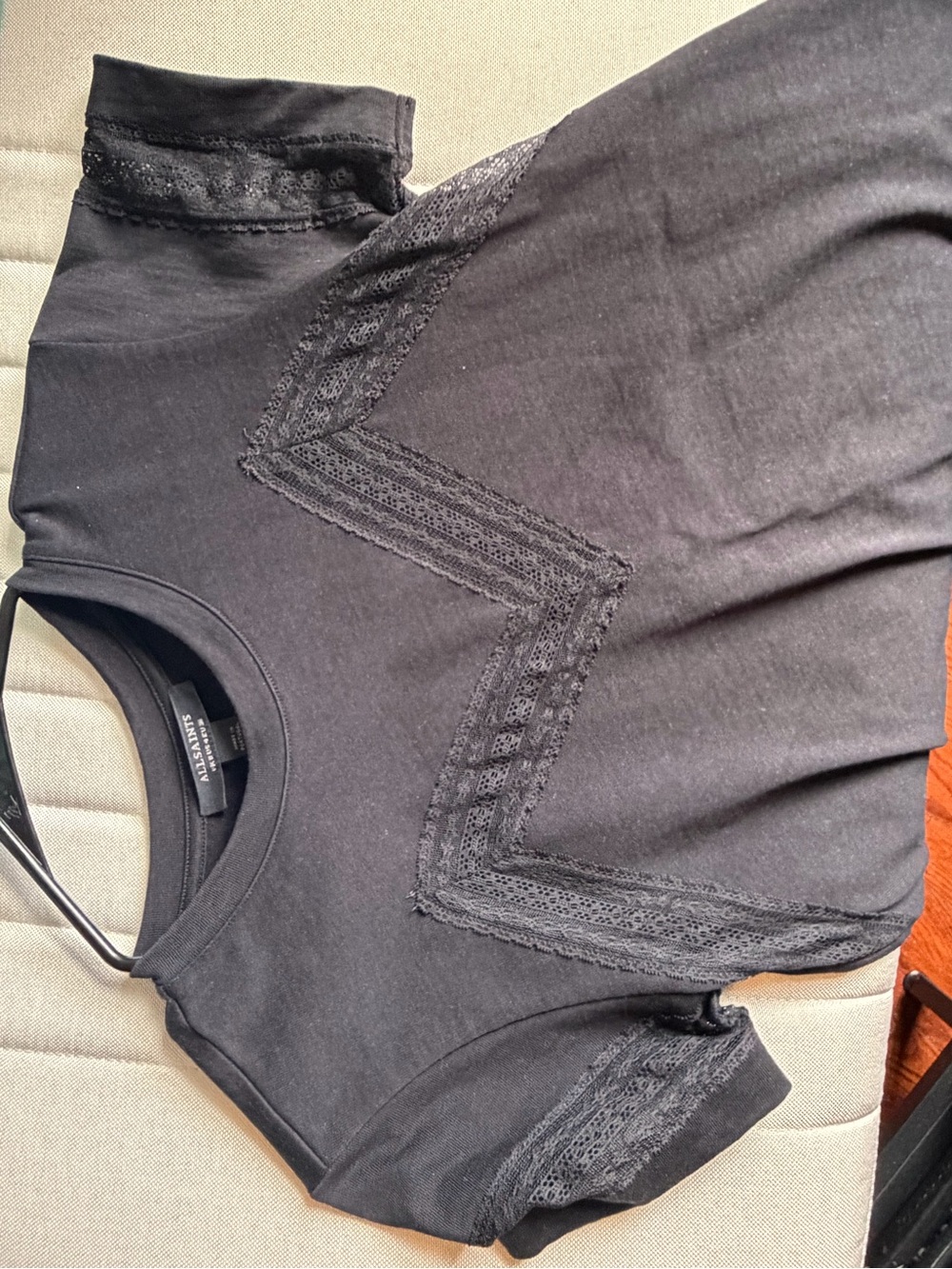 All Saints Black Short Sleeve Tee with Lace Insets
